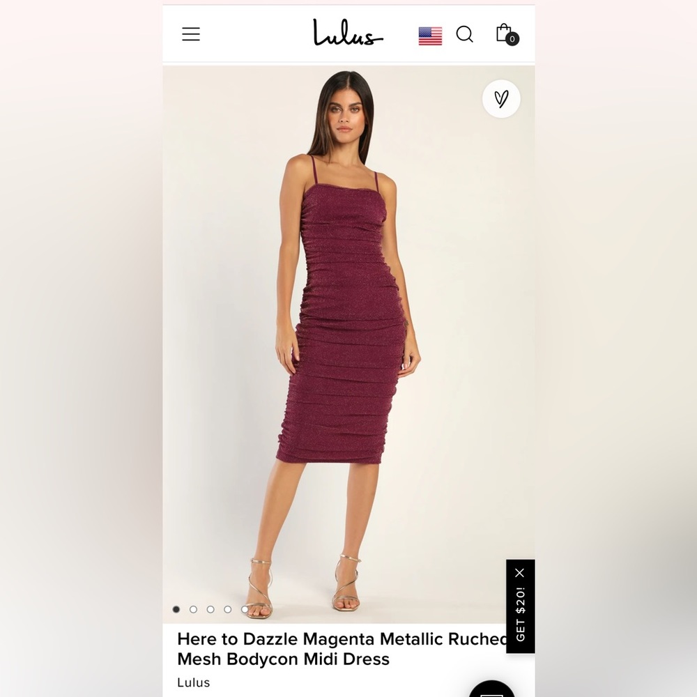 Here to Dazzle Magenta Metallic Ruched Mesh Bodycon Midi Dress, Size S